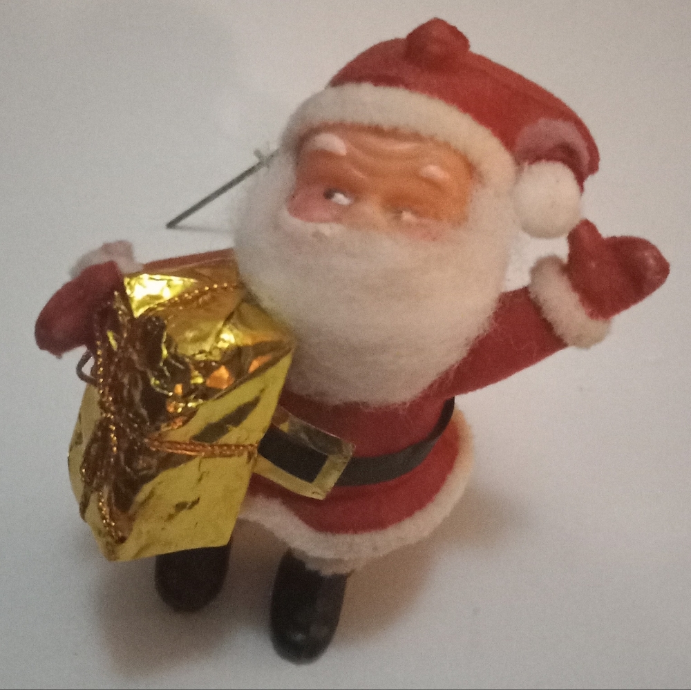 Vintage Red Flocked Felt Santa MCM Christmas Ornament 1950's